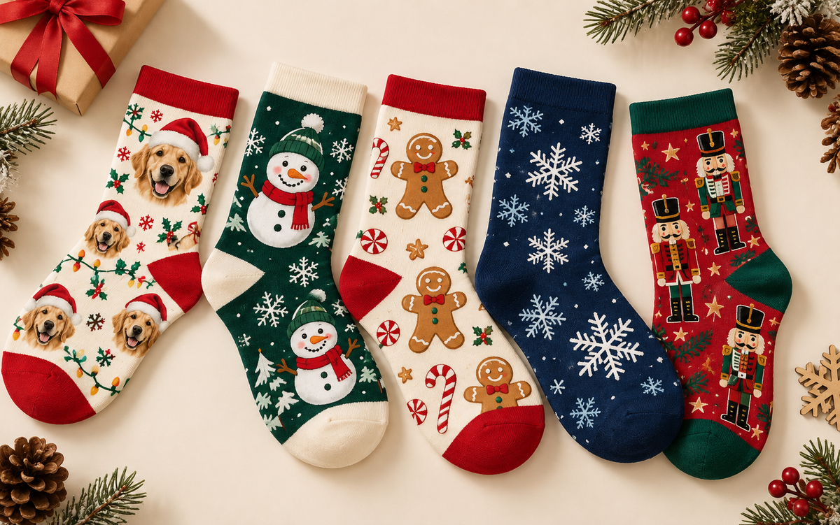 Collection of personalized Christmas socks featuring festive patterns and creative holiday gift designs