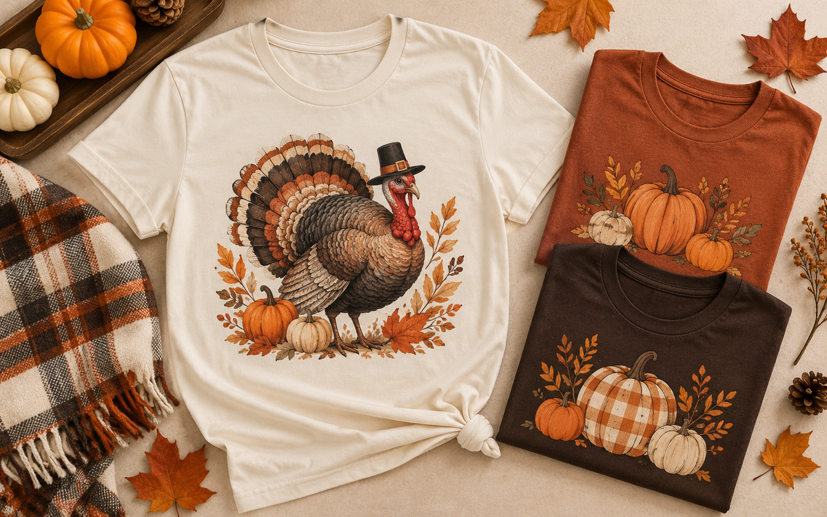 Collection of custom Thanksgiving shirt designs featuring festive autumn graphics and personalized holiday themes