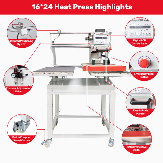 Dual Platen Pneumatic Heat Press Machine 16x24 inch